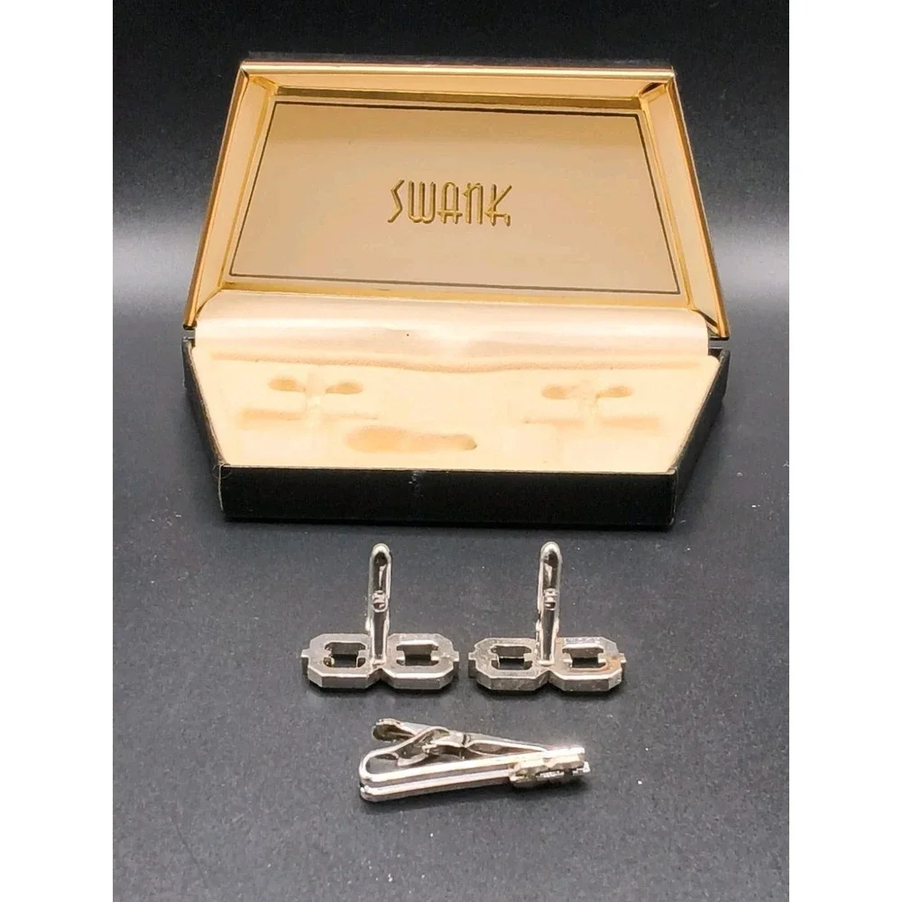 Vintage Swank Cufflinks Tie Clip Set Mid Century Geometric Silver Tone Boxed